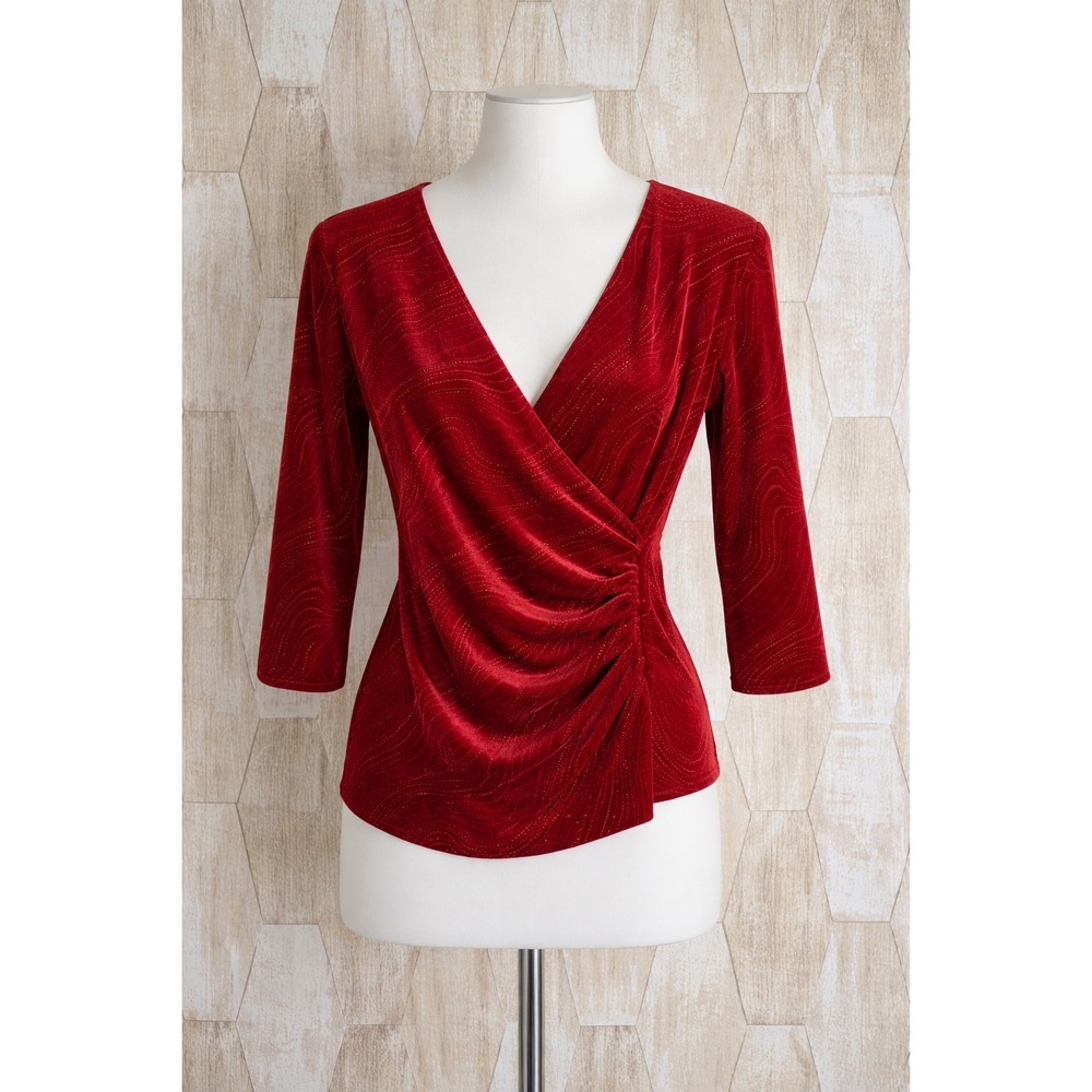 METAPHOR Red Velvet Sparkle‎ Y2K Wrap Ruched V Neck 3/4 Sleeve Top Women Size M